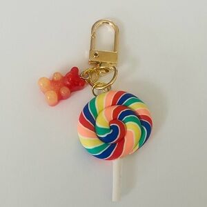 Rainbow Swirl Lollipop Keychain with Red–Orange Ombré Gummy Bear Charm